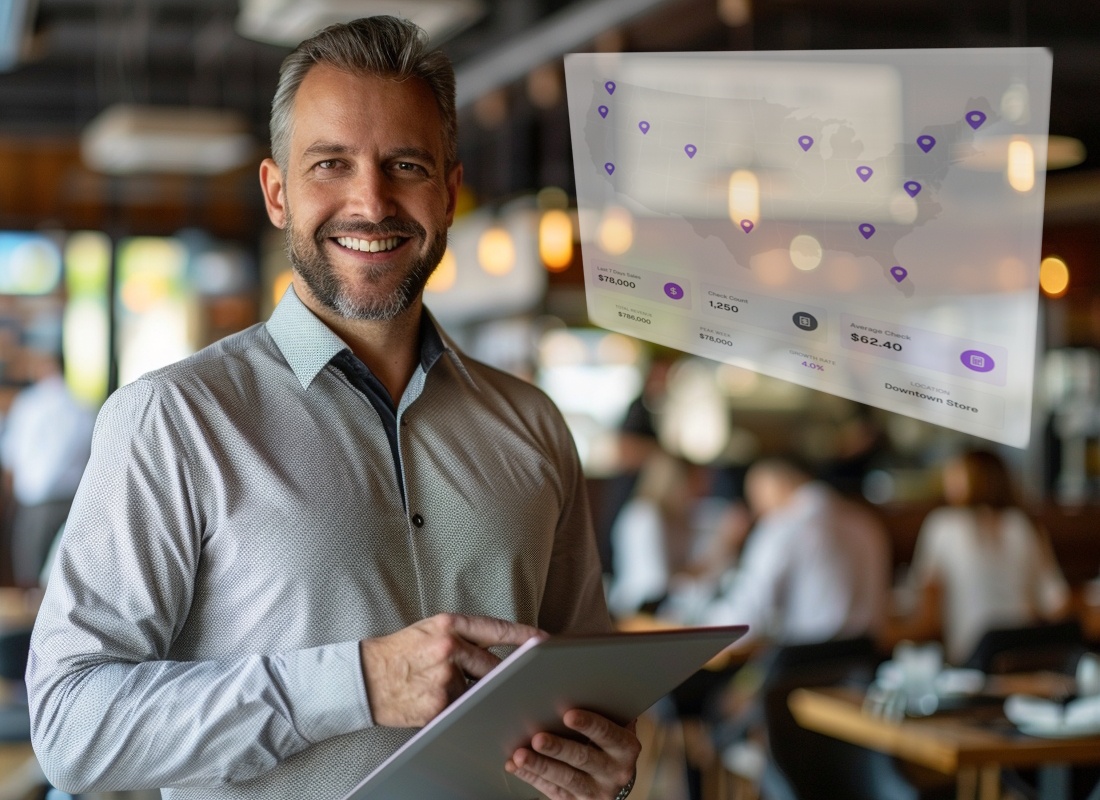 Restaurant manager using RadixDash dashboard to view multi-location data